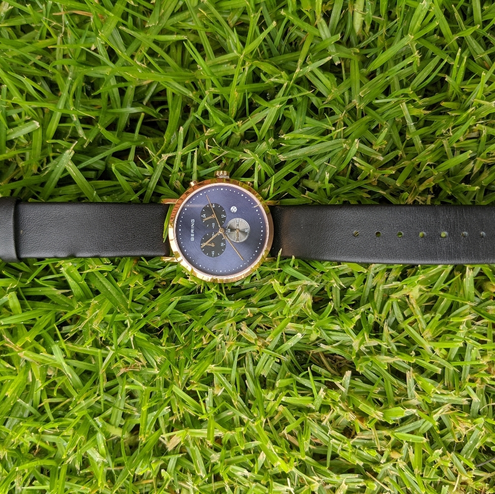 Bering blue and polished gold black leather watch - Picture 6 of 10